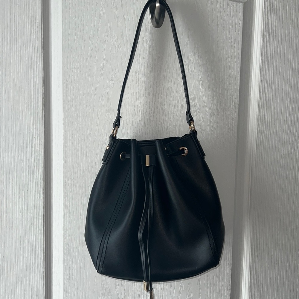 Bucket Hobo Faux Leather Shoulder Bag - Black